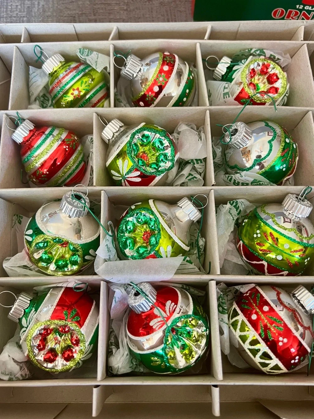 Christopher Radko Red and Green Vintage design ornaments. Lot of 4 boxes